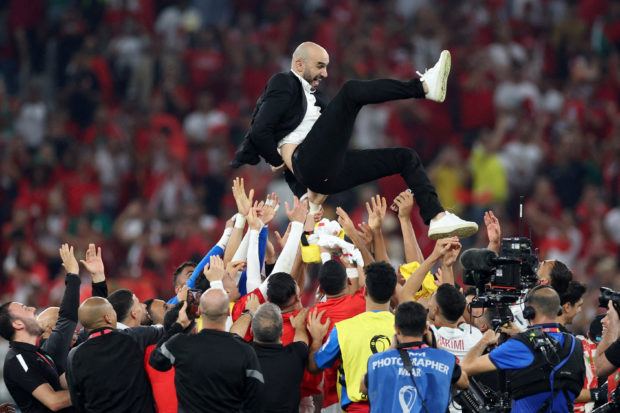 Soccer Football - FIFA World Cup Qatar 2022 - Group F - Canada v Morocco - Al Thumama Stadium, Doha, Qatar - December 1, 2022 Morocco coach Walid Regragui is thrown into the air by Morocco players as they celebrate qualifying for the knockout stages 