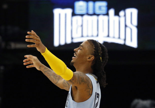 Memphis Grizzlies guard Ja Morant (12) reacts during the second half against the Oklahoma City Thunder at FedExForum.