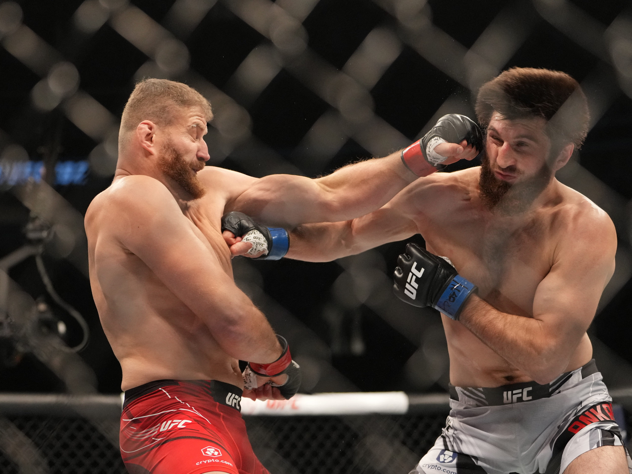 Jan Blachowicz (red gloves) fights Magomed Ankalaev (blue gloves) during UFC 282 at T-Mobile Arena.