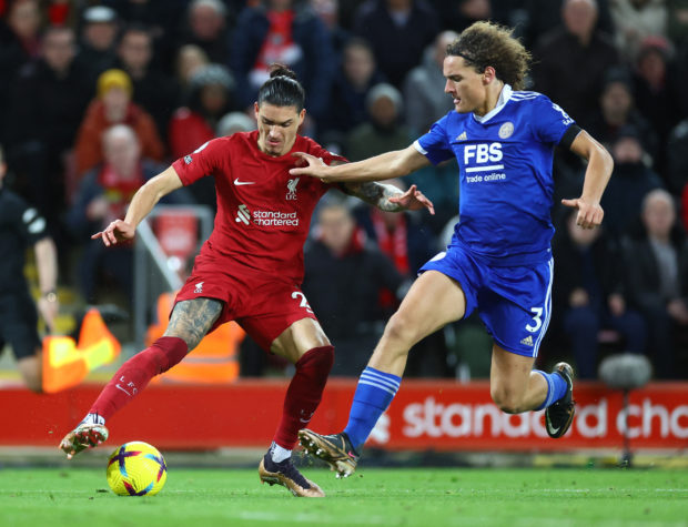 Soccer Football - Premier League - Liverpool v Leicester City - Anfield, Liverpool, Britain - December 30, 2022 Liverpool's Darwin Nunez in action with Leicester City's Wout Faes 
