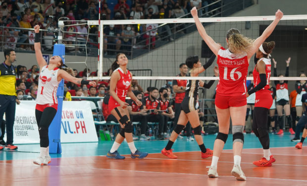 Angels stars (fromleft) Bang Pineda, Myla Pablo, Lindsey Vander Weide and MJ Philips celebrate the final point. —PHOTOS BY AUGUST DELA CRUZ