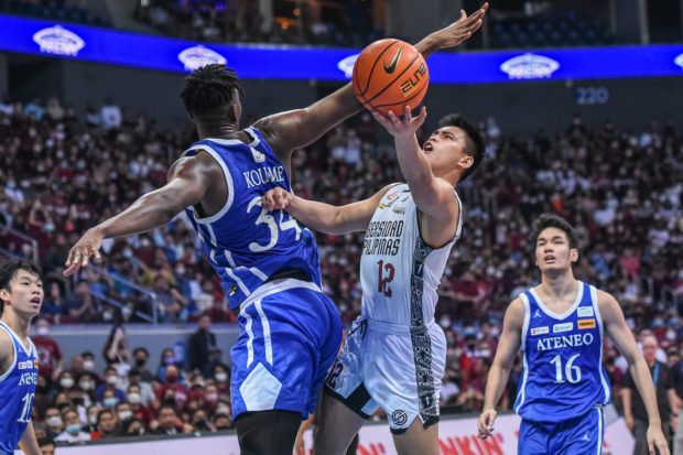 JD Cagulangan (Number 12) and the unmanned Maroons will have to pull the rug under Ange Kouame and the Blue Eagles.—PHOTOGRAPHY SUPPORTED UAAP MEDIA
