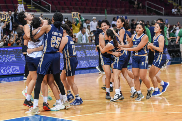 The NU Lady Bulldogs celebrate their UAAP women's basketball win.  –PHOTO UAAP