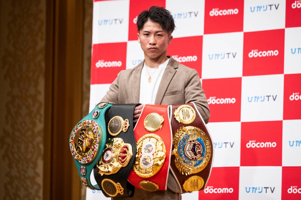 Boxer Naoya Inoue poses for photographs during a press conference in Yokohama on January 13, 2023.
