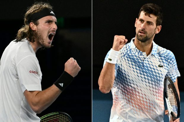 (COMBO) This combined photo created on January 27, 2023 shows the reaction of Stefanos Tsitsipas (left) of Greece after winning a point at the Australian Open tennis tournament in Melbourne on January 24 2023 and the reaction of Novak Djokovic (right) of Serbia at the same tournament on January 25, 2023. - Novak Djokovic of Serbia and Stefanos Tsitsipas of Greece compete in the men's singles final at the Australian tennis tournament. Expanded on Jan. 29. (Photos by WILLIAM WEST and ANTHONY WALLACE / AFP) / -- IMAGES ARE LIMITED TO EDITORIAL USE - COMMERCIAL USE SHOULD be strictly prohibited ---- IMAGES LIMITED FOR BENEFITS SET - STUDY NOT FOR COMMERCIAL USE --
