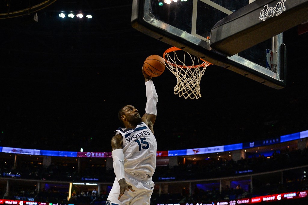 Minnesota Timberwolves's NBA player Shabazz Muhammad slam dunks during the NBA Basketball Game between Golden State Warriors and Minnesota Timberwolves in Shanghai on October 8, 2017.