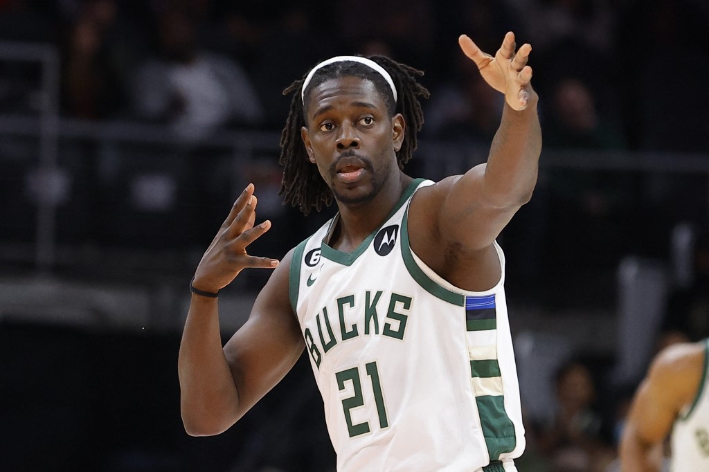 Jrue Holiday #21 of the Milwaukee Bucks reacts during the first half against the Atlanta Hawks at State Farm Arena on January 11, 2023 in Atlanta, Georgia.