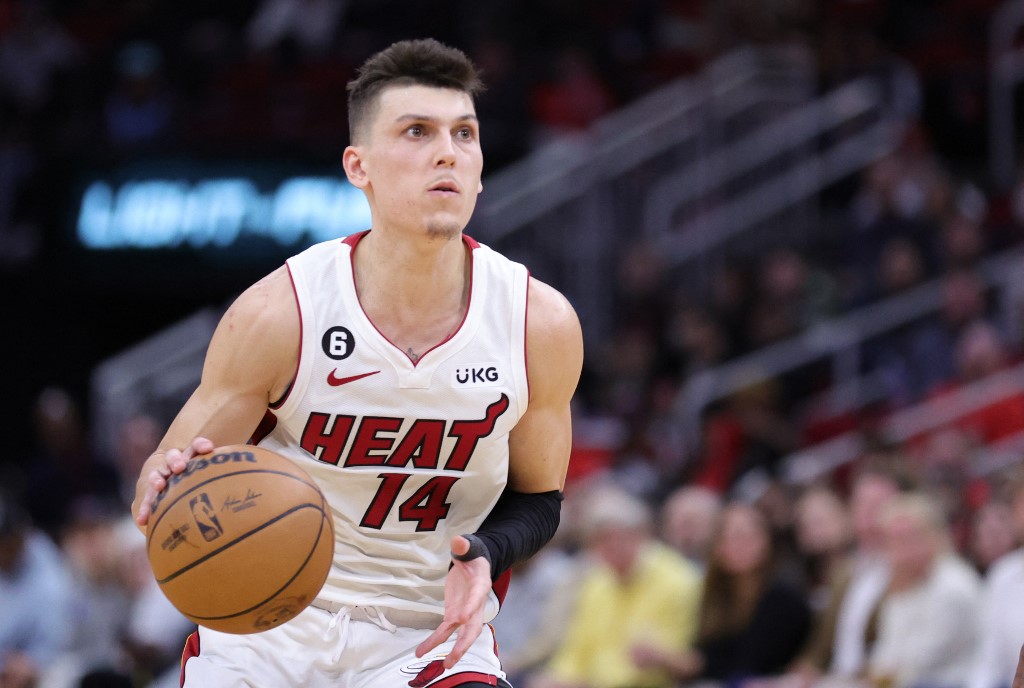 FILE– Tyler Herro #14 of the Miami Heat controls the ball during the second half against the Houston Rockets at Toyota Center on December 15, 2022 in Houston, Texas.