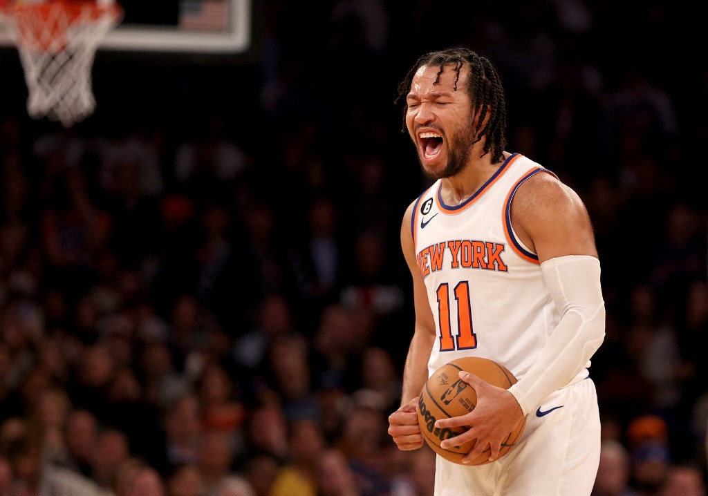 Jalen Brunson #11 of the New York Knicks reacts late in the fourth quarter against the San Antonio Spurs at Madison Square Garden on January 04, 2023 in New York City. 