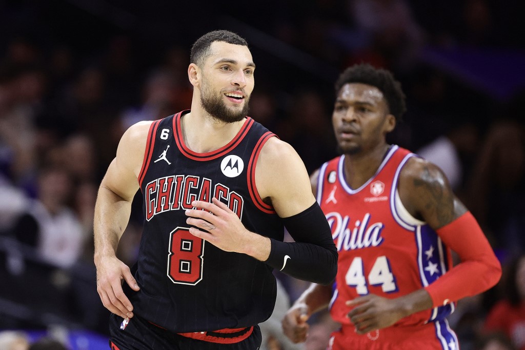 Zach LaVine #8 of the Chicago Bulls reacts during the fourth quarter with the Philadelphia 76ers at the Wells Fargo Center on January 6, 2023 in Philadelphia, Pennsylvania. 