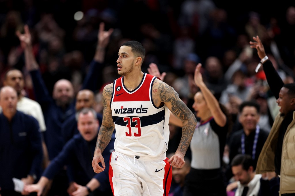  Kyle Kuzma #33 of the Washington Wizards celebrates after hitting the game winning shot against the Chicago Bulls during the Wizards 100-97 win at Capital One Arena on January 11, 