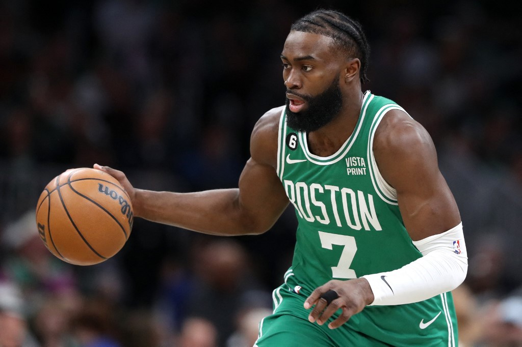 Jaylen Brown #7 of the Boston Celtics dribbles against the New Orleans Pelicans during the first half at TD Garden on January 11, 2023 in Boston, Massachusetts.