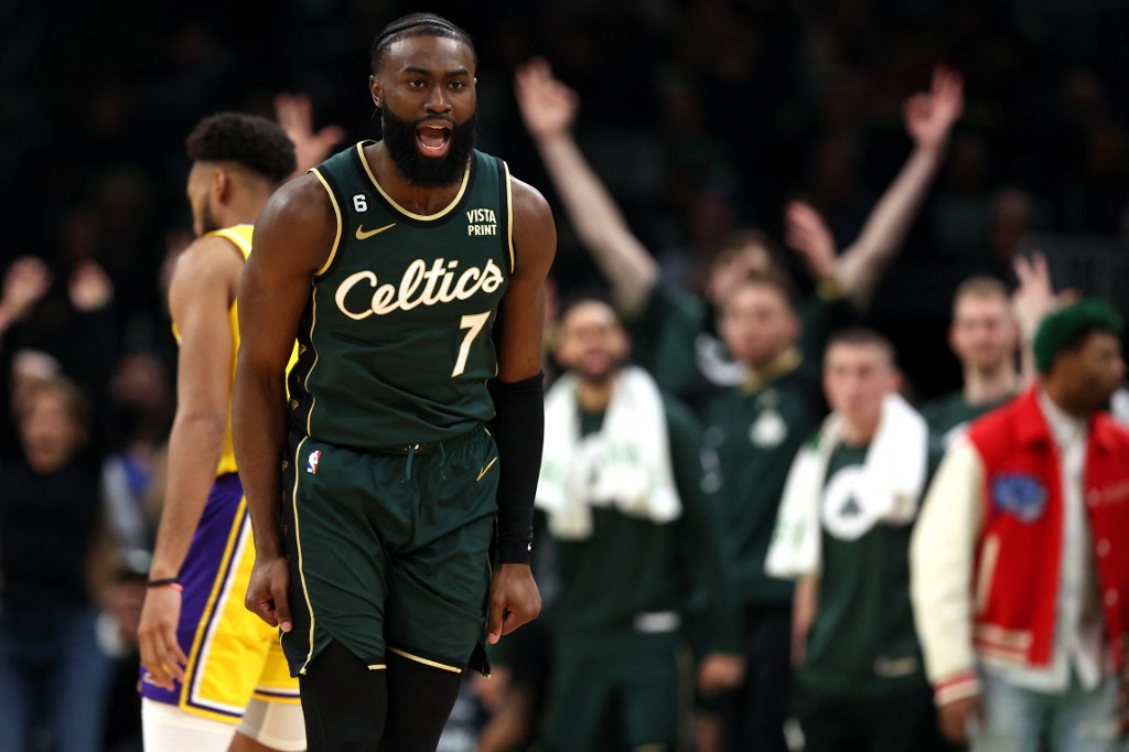  Jaylen Brown #7 of the Boston Celtics celebrates during the fourth quarter against the Los Angeles Lakers at TD Garden on January 28, 2023 in Boston, Massachusetts