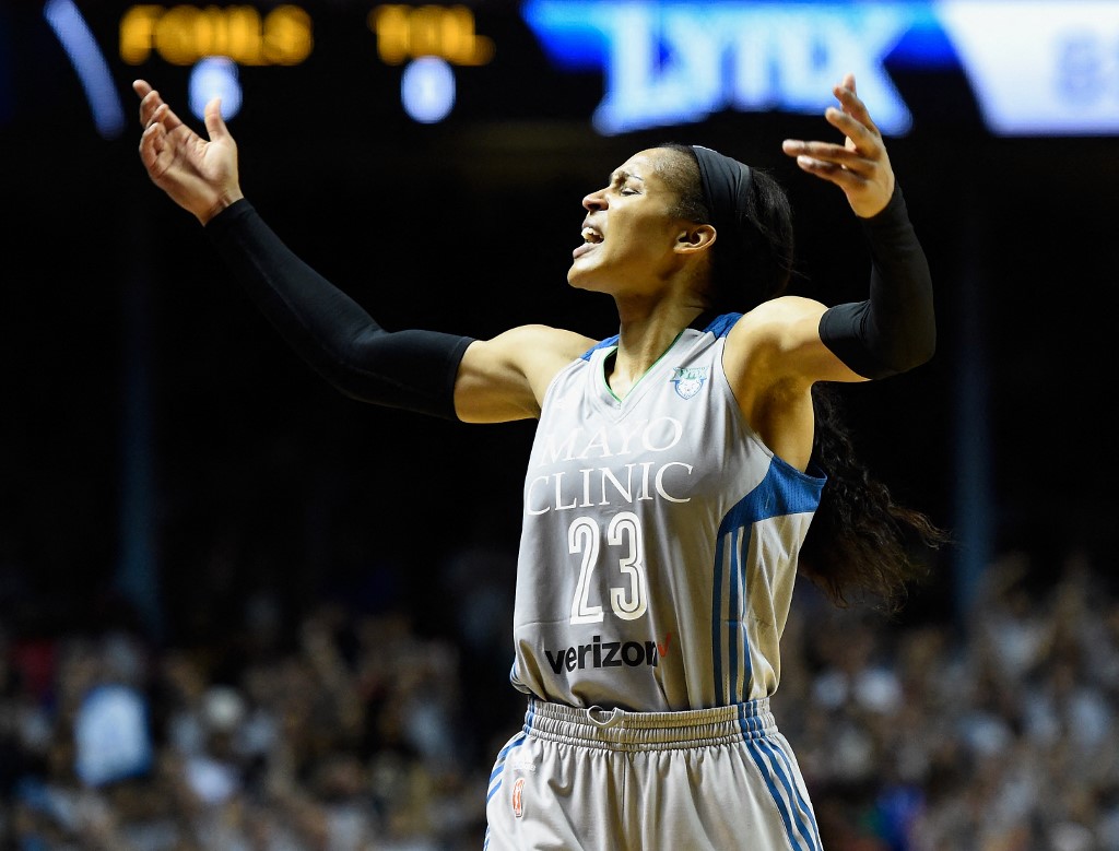  Maya Moore #23 of the Minnesota Lynx pumps up the crowd in the final minute of Game Five of the WNBA Finals against the Los Angeles Sparks on October 4, 2017 at Williams in Minneapolis, Minnesota. 