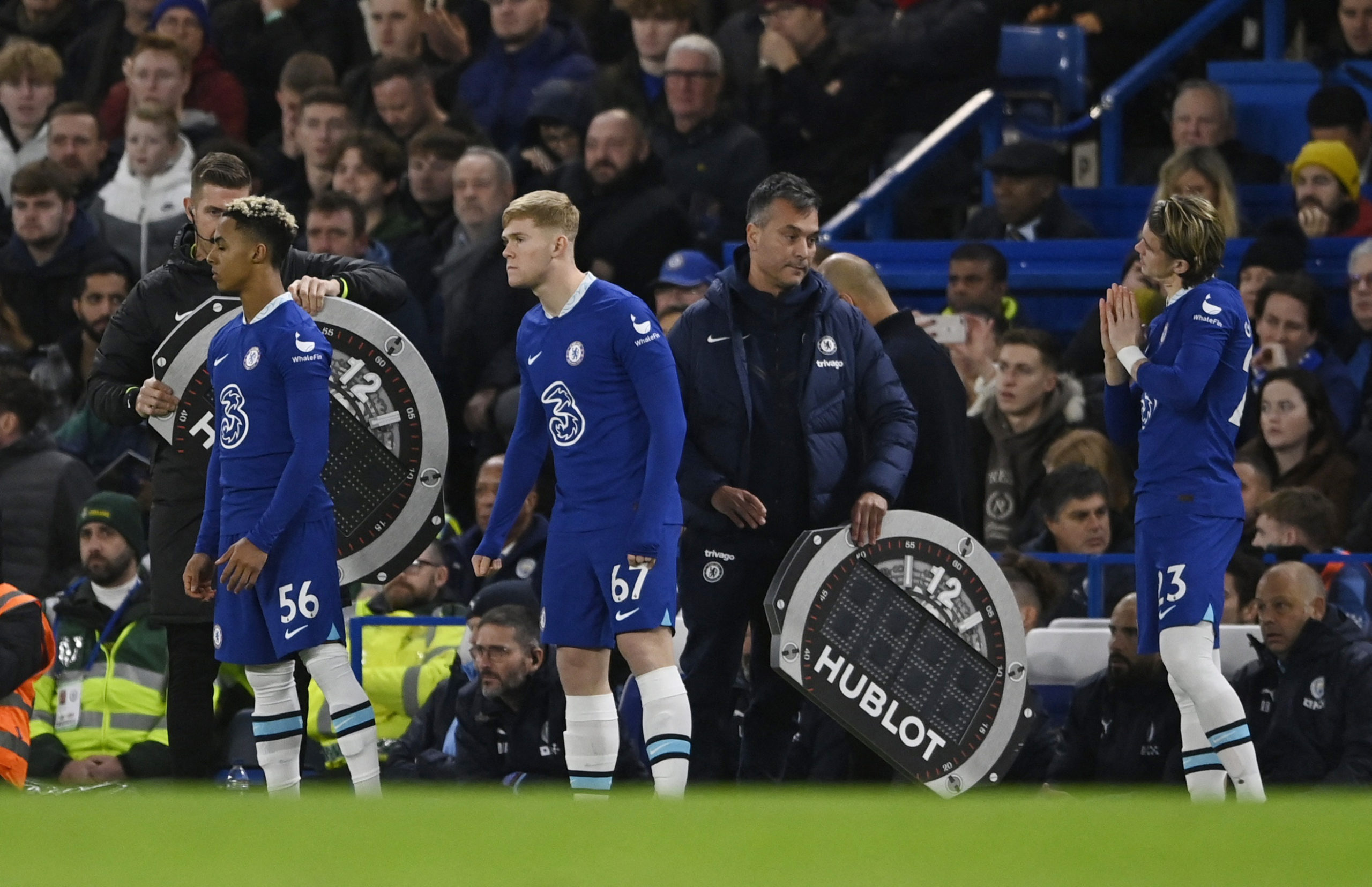 Soccer Football - Premier League - Chelsea v Manchester City - Stamford Bridge, London, Britain - January 5, 2023 Chelsea's Conor Gallagher, Lewis Hall and Omari Hutchinson come on as substitutes 