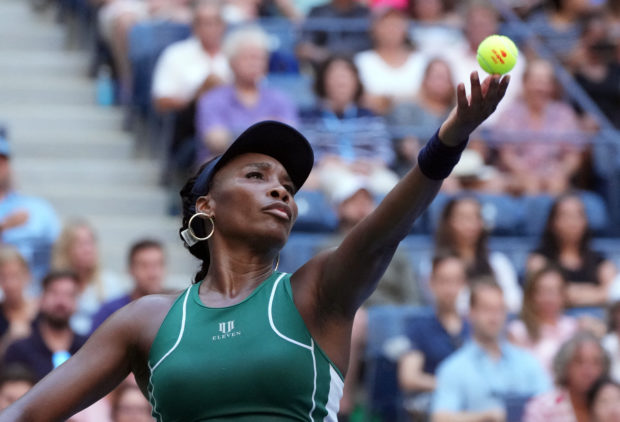 Aug 30, 2022; Flushing, NY, USA;  Venus Williams of the United States serves against Alison Van Uytvanck of Belgium on day two of the 2022 U.S. Open tennis tournament at USTA Billie Jean King National Tennis Center.