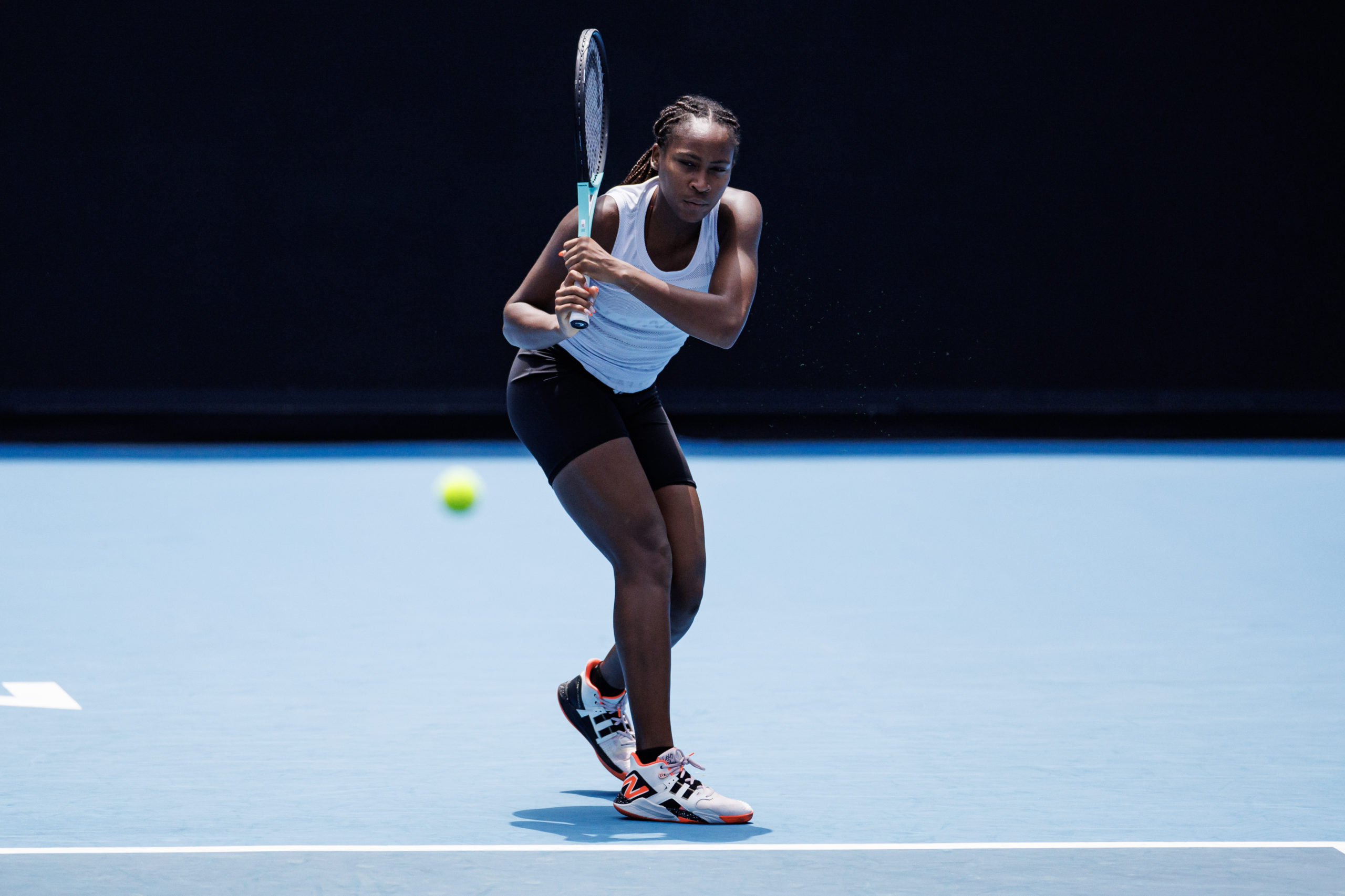 Jan 13, 2023; Melbourne, Victoria, Australia; Coco Gauff of the United States hits a shot during a practice session on the Kia Arena at Melbourne Park. 