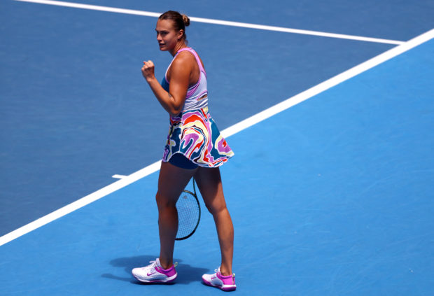 Tennis - Australian Open - Melbourne Park, Melbourne, Australia - January 19, 2023 Arina Sabalenka of Belarus celebrates after winning her second round match against Shelby Rogers of the United States. 