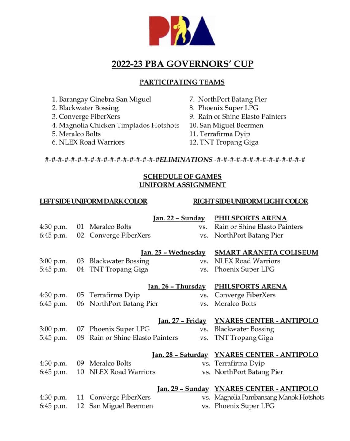 SCHEDULE: 2023 PBA Governors' Cup elimination round