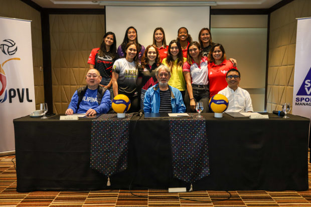 Players from the PVL teams during the press conference for the 2023 All-Filipino conference. –PVL PHOTO