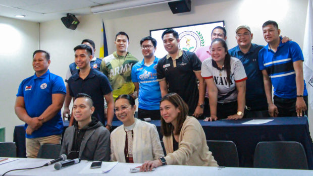 Sports Vision president Ricky Palou, Spikers' Turf tournament director Mozzy Ravena, league president Alyssa Valdez and coaches of 10 competing teams at the PSA Forum on Tuesday. –CONTRIBUTED PHOTO