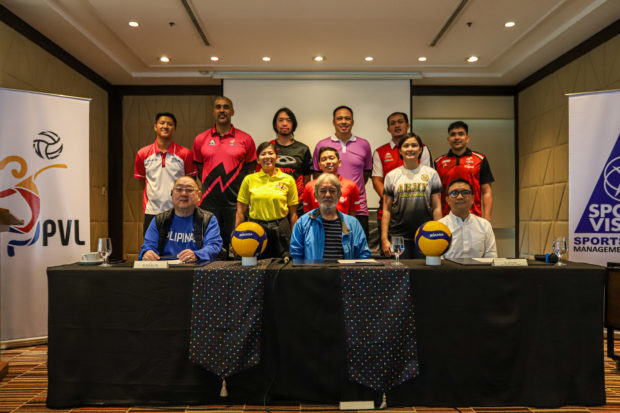 Coaches of PVL teams at the press conference for the all-Philippines 2023 Finals. – PVL . PHOTO