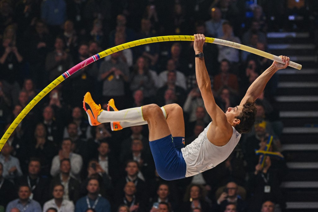 Sweden's Olympic champion and world record holder Armand Duplantis competes during the Mondo Classic pole vault competition in gala format at the IFU Arena in Uppsala on February 2, 2023.