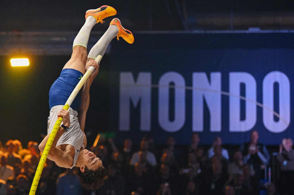 rd holder Armand Mondo Duplantis competes during the Mondo Classic pole vault competition in gala format at the IFU Arena in Uppsala on February 2, 2023. 