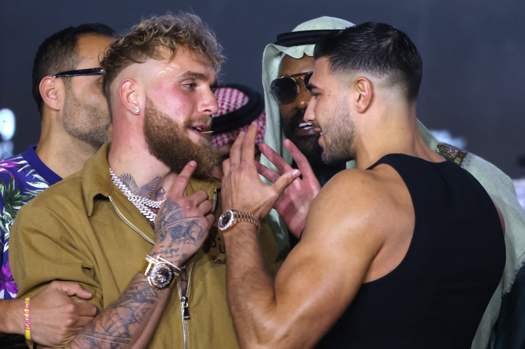US boxers Jake Paul (L) and Tommy Fury (R) face off during a press conference in Riyadh on February 23, 2023, ahead of their February 26 boxing match.