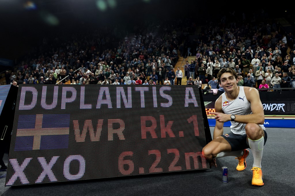 ult world record (6.22m) during the men's pole vault event at the International indoor athletics meeting All Star Perche at the Sports House, in Clermont-Ferrand, central France,  on February 25, 2023. 