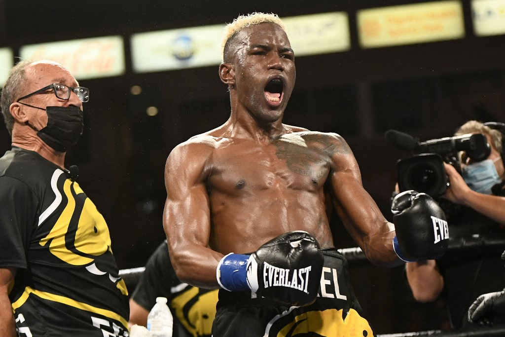 n boxer Subriel Matias (c) celebrates after defeating Kazakhstani boxer Batyr Jukembaev during the Super lightweight boxing match at Dignity Health Sports Park on May 29, 2021 in Carson, California. 