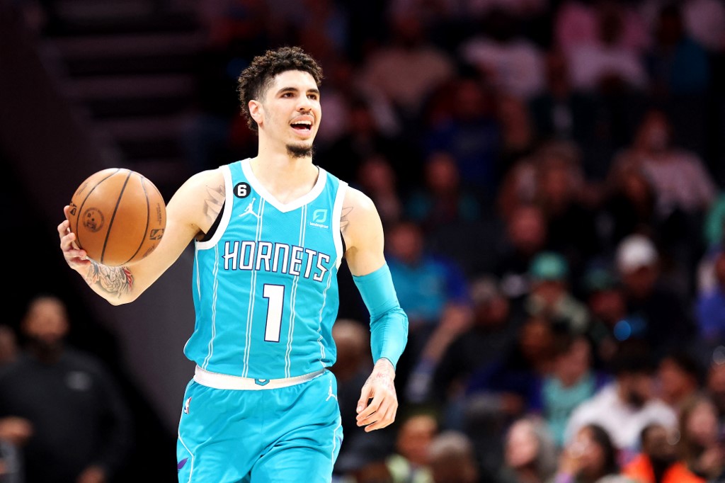 LaMelo Ball #1 of the Charlotte Hornets brings the ball down the court during the first quarter of a basketball game against the Miami Heat at Spectrum Center on January 29, 2023 in Charlotte, North Carolina. 