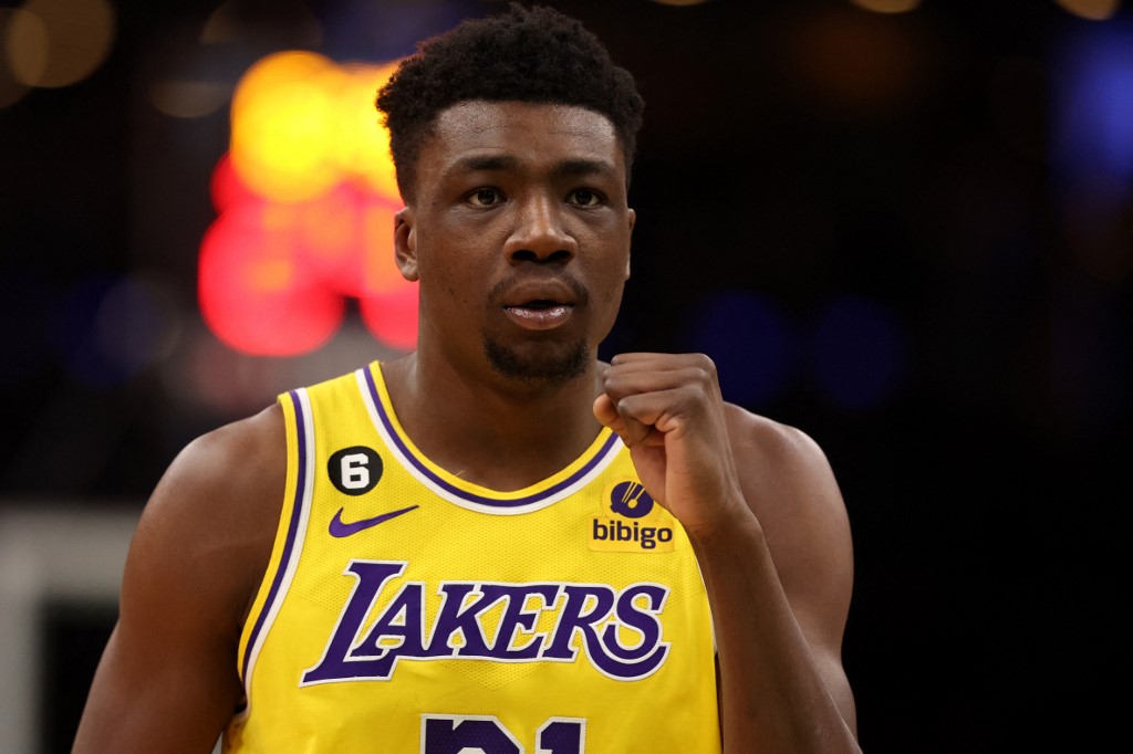 Thomas Bryant #31 of the Los Angeles Lakers rects during the first half against the Los Angeles Lakers at TD Garden on January 28, 2023 in Boston, Massachusetts. 