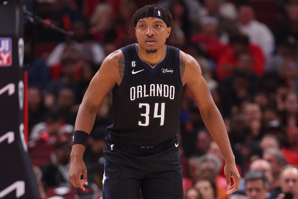 Wendell Carter Jr. #34 of the Orlando Magic looks on against the Chicago Bulls during the first half at United Center on February 13, 2023 in Chicago, Illinois.