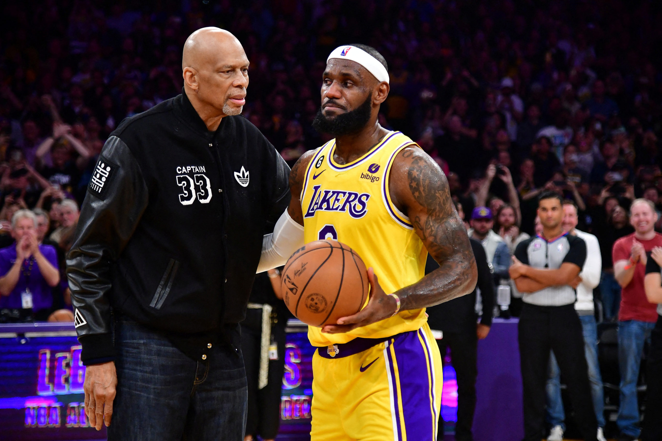 FILE PHOTO: Feb 7, 2023; Los Angeles, California, USA; Los Angeles Lakers forward LeBron James (6) meets with former player Kareem Abdul-Jabbar after breaking the NBA all time scoring record against the Oklahoma City Thunder during the second half at Crypto.com Arena. 