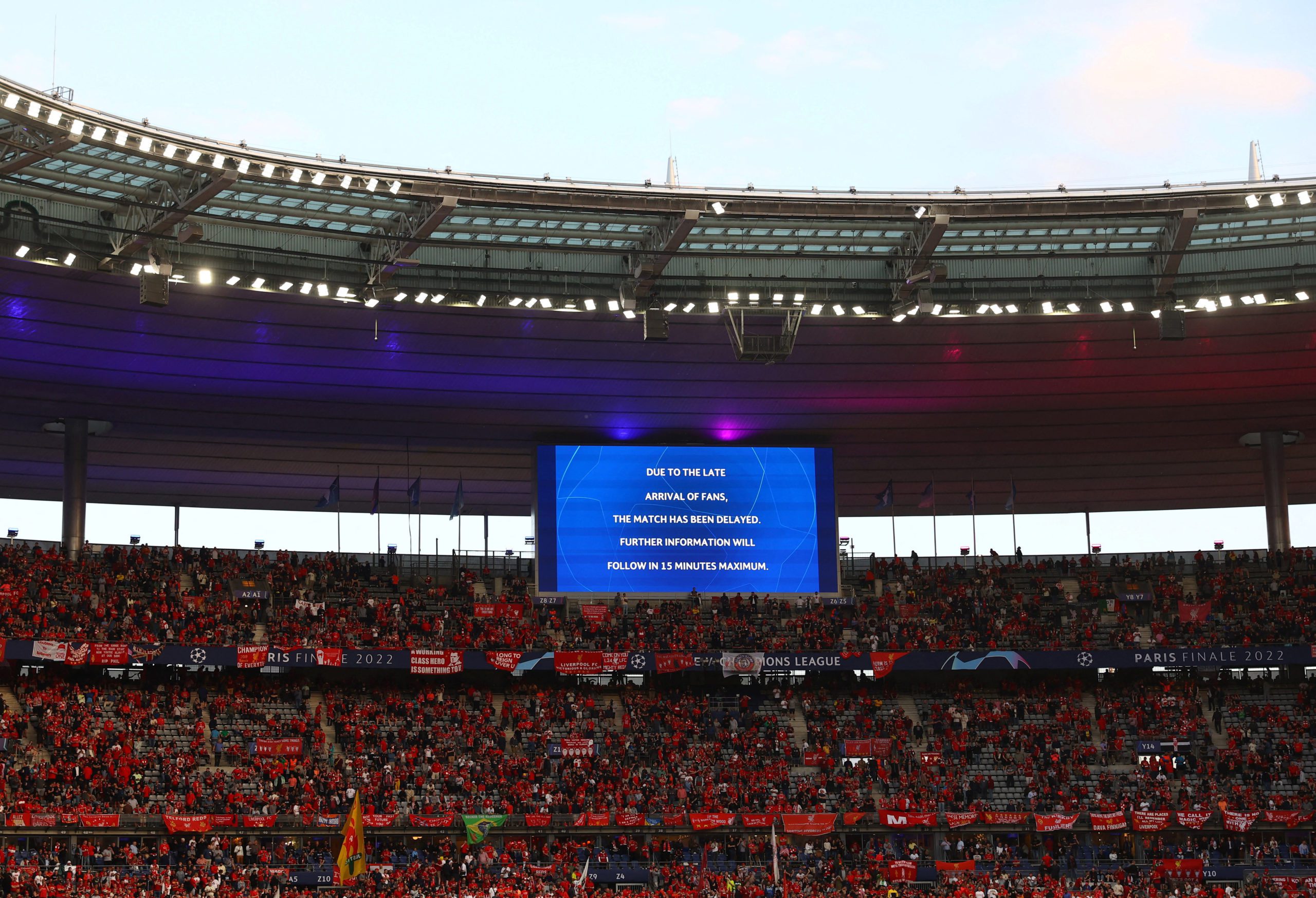 FILE PHOTO: Soccer Football - Champions League Final - Liverpool vs Real Madrid - Stade de France, Saint-Denis, near Paris, France - May 28, 2022 General view of a message displayed on a large screen inside of the stadium before the start of the match is delayed REUTERS/Kai 