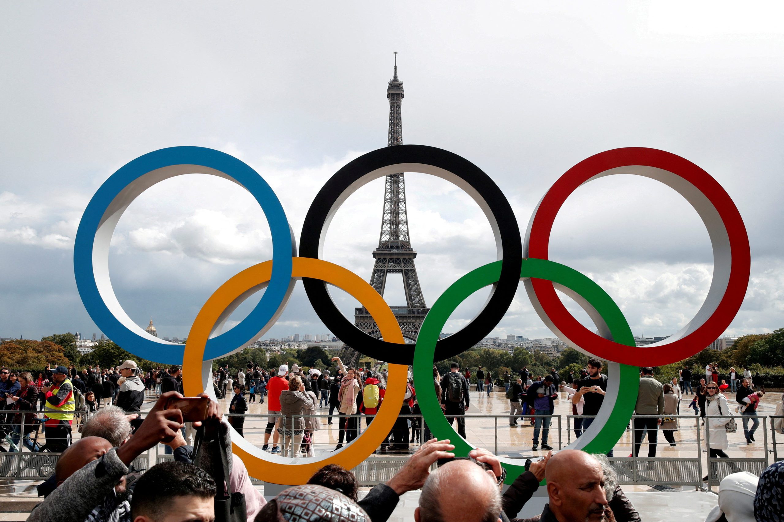 FILE PHOTO: Olympic rings to celebrate the IOC official announcement that Paris won the 2024 Olympic bid are seen in front of the Eiffel Tower at the Trocadero square in Paris, France, September 16, 2017. 