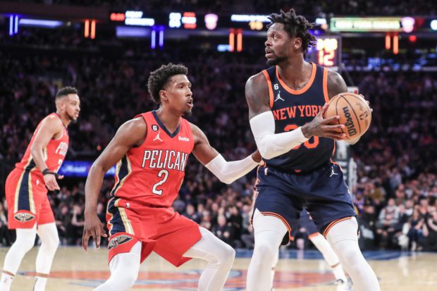 New York Knicks forward Julius Randle (30) looks to post up against New Orleans Pelicans guard Josh Richardson (2) in the second quarter at Madison Square Garden.