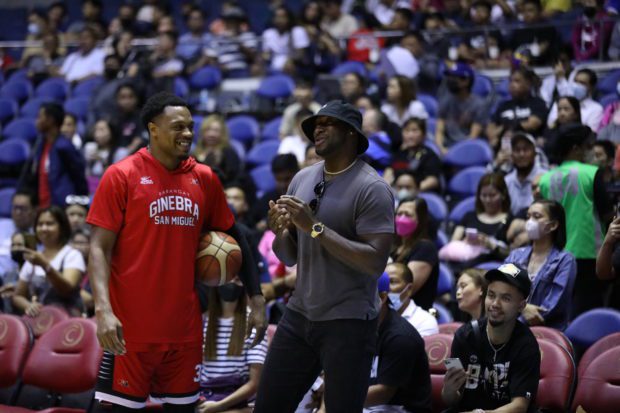 Former Meralco import Allen Durham talking to Ginebra's Justin Brownlee during a PBA game. –PBA IMAGES