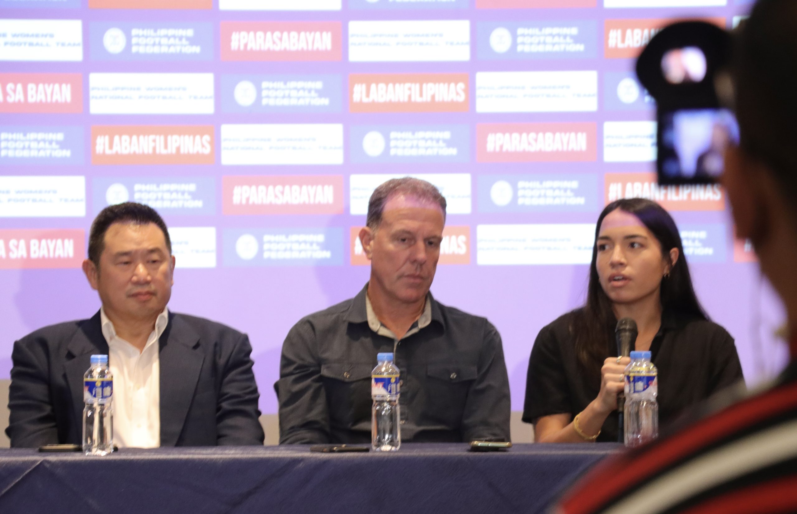 Halli Long (right) speaks during one of the presscons that featured the Filipinas