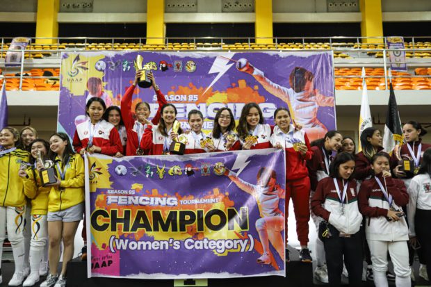 UE wins title in the UAAP Season 85 women's fencing championships. –UAAP PHOTO