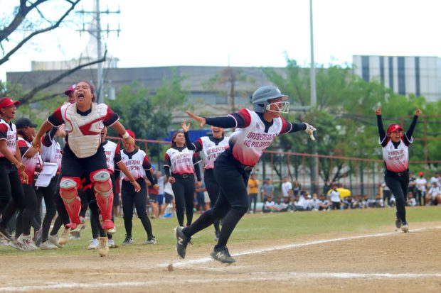 UP Fighting Maroons celebrate win in the UAAP Season 85 softball competition. –UAAP PHOTO
