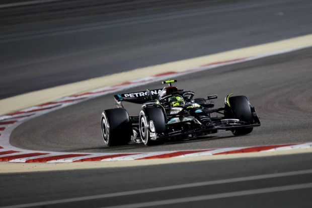 Mercedes' British driver Lewis Hamilton competes during the Bahrain Formula One Grand Prix at the Bahrain International Circuit in Sakhir on March 5, 2023. 