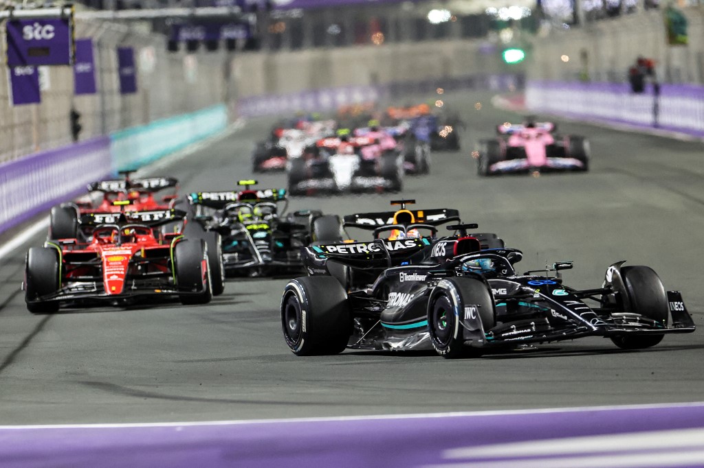 Mercedes' British driver George Russell competes during the Saudi Arabia Formula One Grand Prix at the Jeddah Corniche Circuit in Jeddah on March 19, 2023. (Photo by Giuseppe CACACE / AFP)