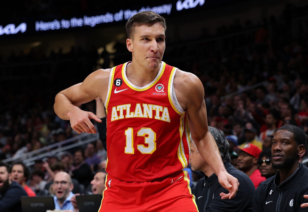 Bogdan Bogdanovic #13 of the Atlanta Hawks reacts after a basket against the Brooklyn Nets during the fourth quarter at State Farm Arena on February 26, 2023 in Atlanta, Georgia