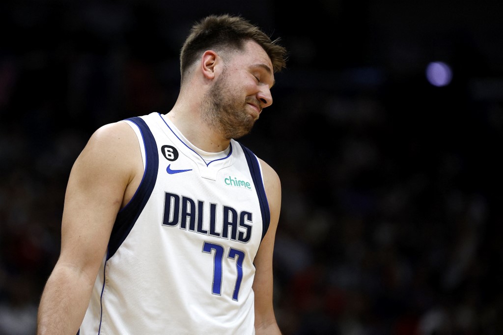Luka Doncic #77 of the Dallas Mavericks reacts to a call during the first quarter of an NBA game against the New Orleans Pelicans at Smoothie King Center on March 08, 2023 in New Orleans, Louisiana.