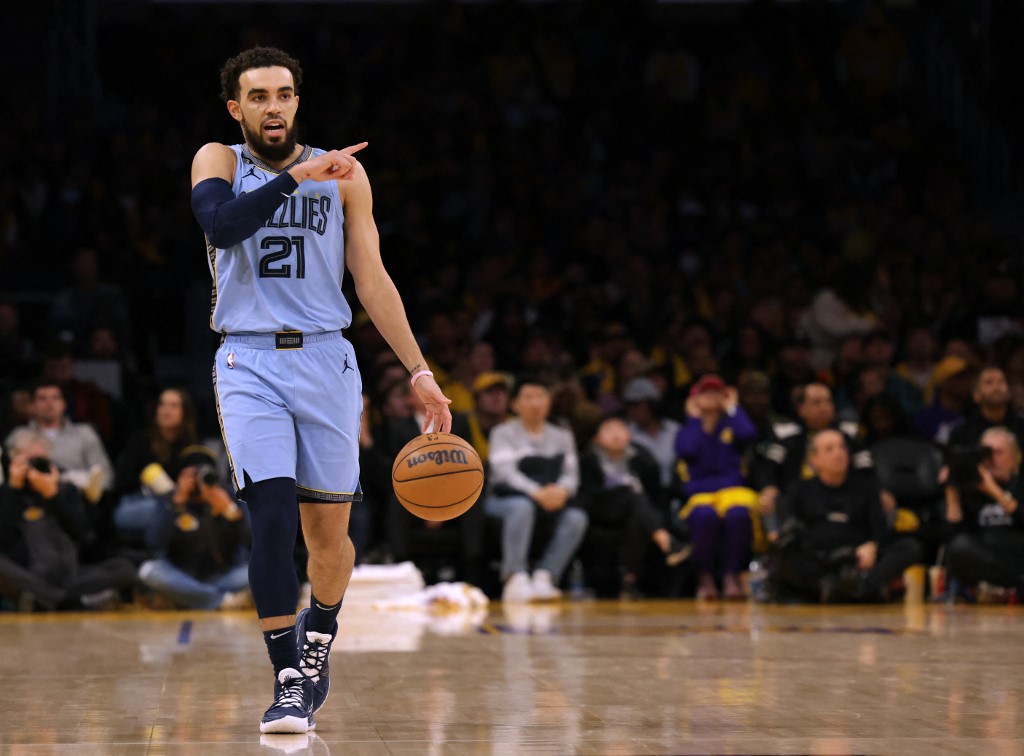 FILE– Tyus Jones #21 of the Memphis Grizzlies brings up the ball during a 112-103 Los Angeles Lakers win at Crypto.com Arena on March 07, 2023 in Los Angeles, California