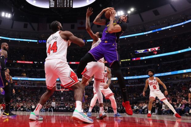  Anthony Davis #3 of the Los Angeles Lakers rebounds against the Chicago Bulls during the second half at United Center on March 29, 2023 in Chicago, Illinois