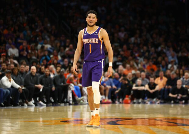 Mar 8, 2023; Phoenix, Arizona, USA; Phoenix Suns guard Devin Booker (1) reacts against the Oklahoma City Thunder in the first half at Footprint Center. 