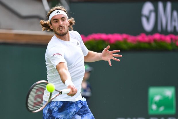 Mar 10, 2023; Indian Wells, CA, USA; Stefanos Tsitsipas (GRE) hits a forehand during his 2nd round match against  Jordan Thompson (AUS) (not pictured) during the BNP Paribas Open at Indian Wells Tennis Garden. Mandatory Credit: Jonathan Hui-USA TODAY Sports